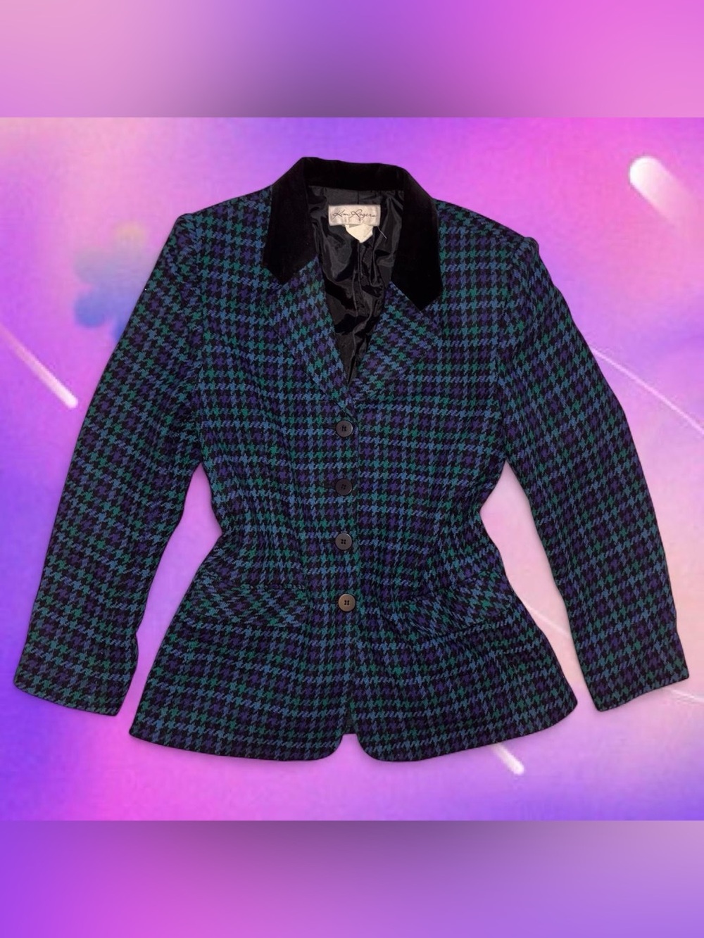 vintage 90s houndstooth tweed blazer - kim rogers, wool blend, sz 10